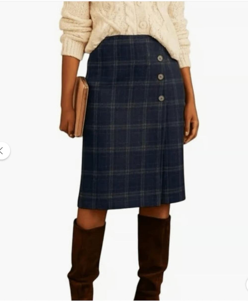 J. JILL Navy Plaid Midi Skirt with Button Detail // XL